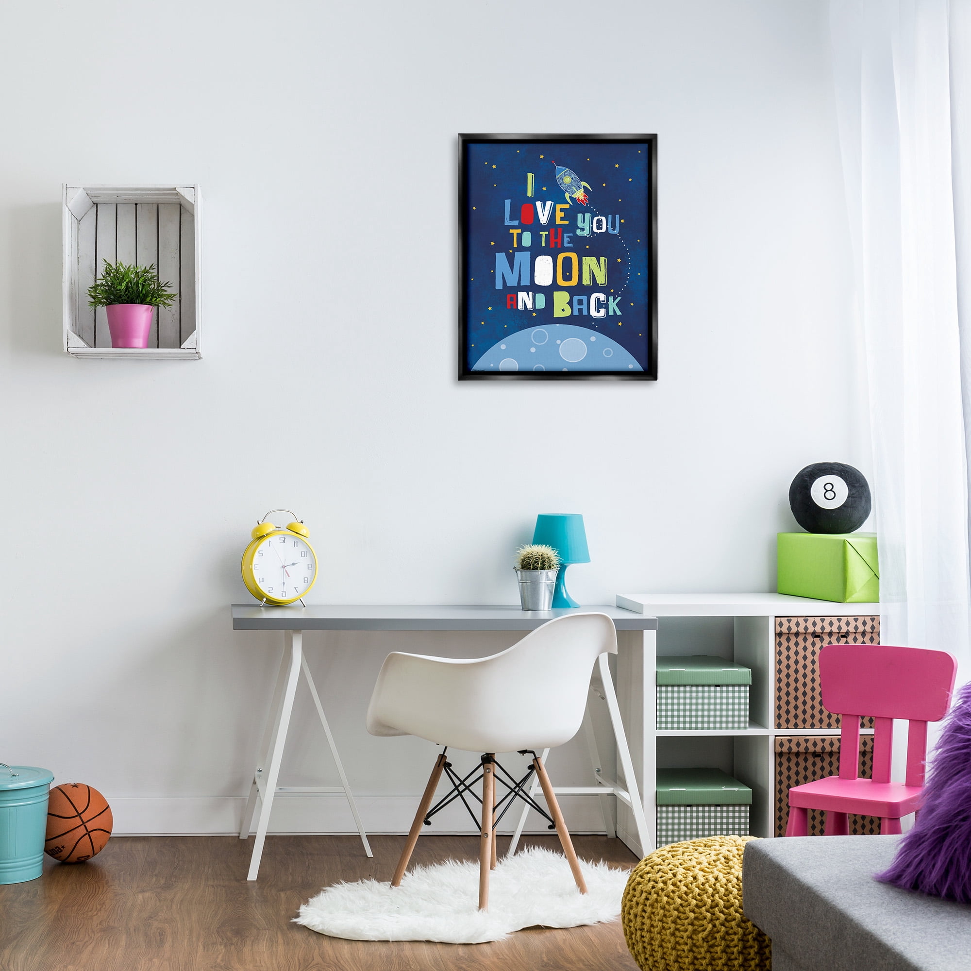Stupell Industries Moon & Back with Rocket Ship Art for Kids Painting Black Floater Framed Canvas Art Print Wall Art, 25 x 31