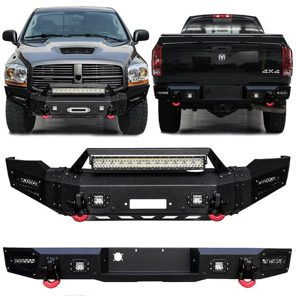 Vijay Compatible with 2006-2007-2008 Dodge RAM 1500 Front and Rear Bumper Textured Black Steel with Lights and D-Rings