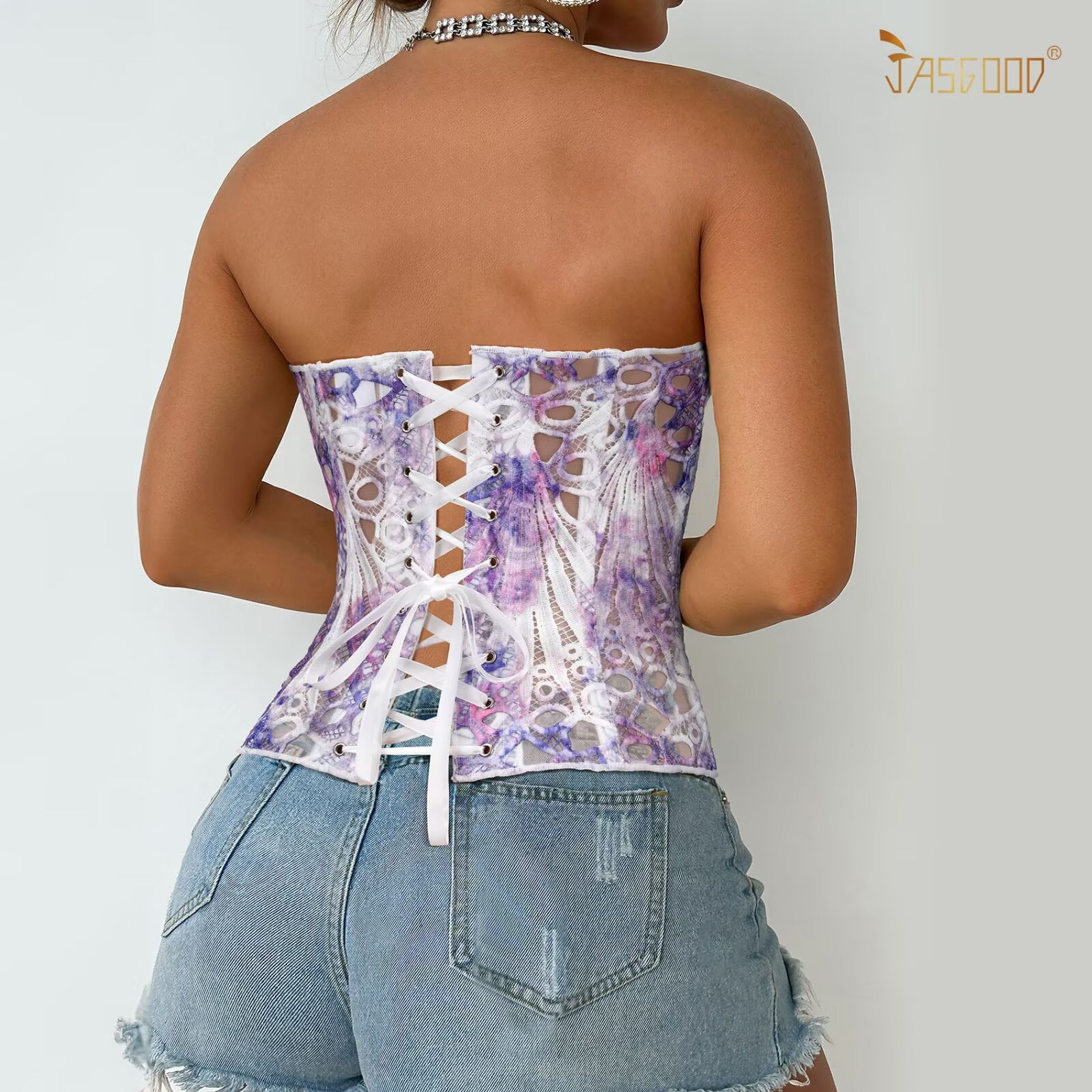 JASGOOD Corset Top for Women Textured Sheer Floral Lace Bustiers