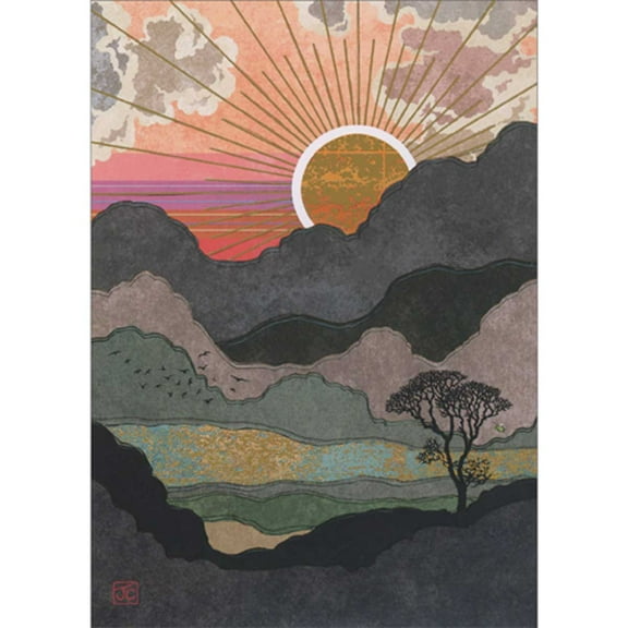 Bug Art Mountain Sunset with Gold Foil Rays of Light Blank Note Card