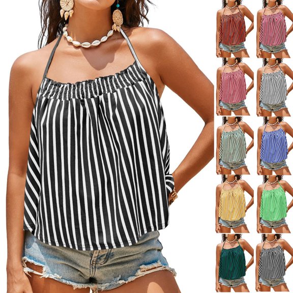 BiZtdJrK Womens Striped Halter Tank Tops Sleeveless Shirts Backless Camisole Summer Casual Vacation Tanks Blue L