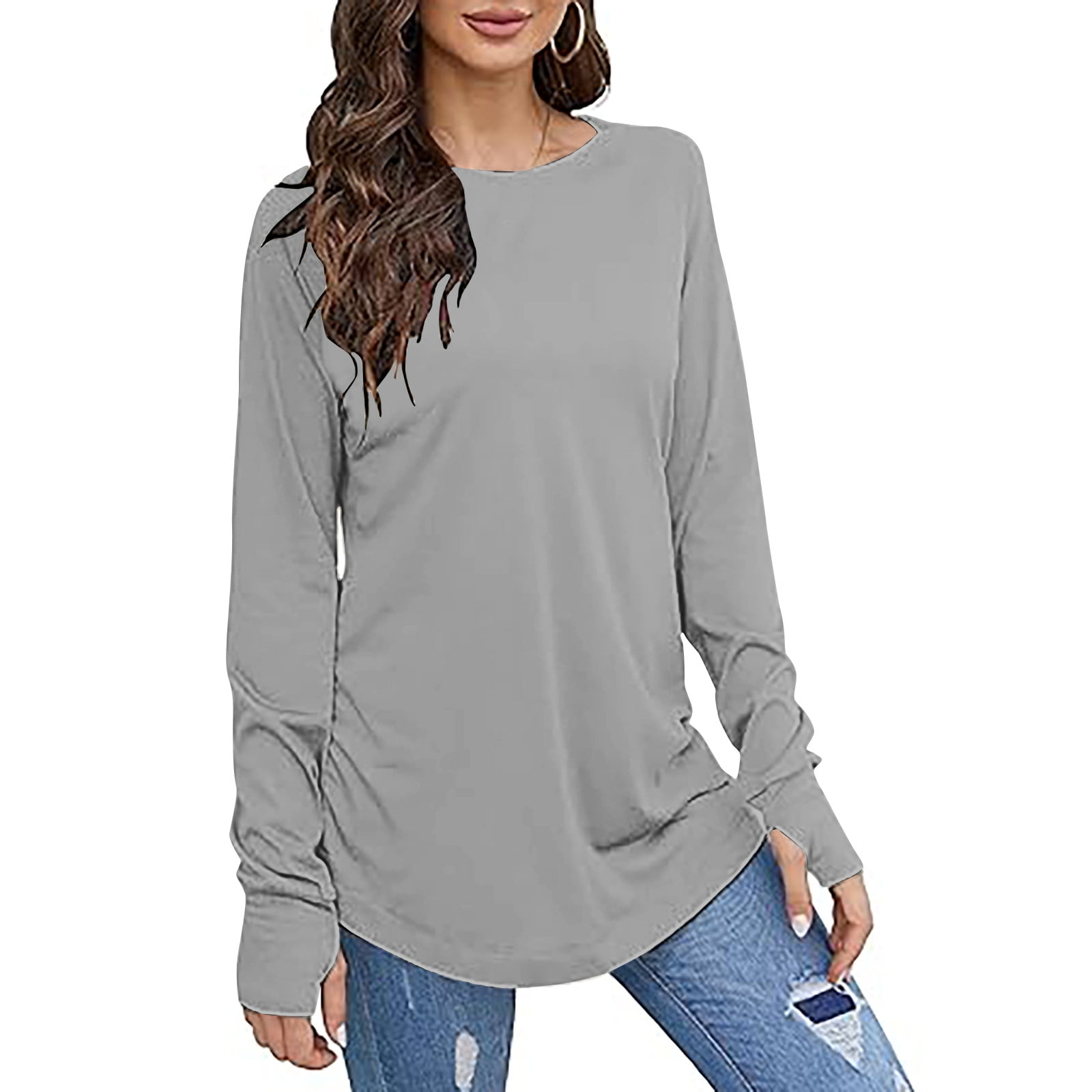 Bowake Women's Casual Long Sleeve Tops Crew Neck Round Hem Loose T