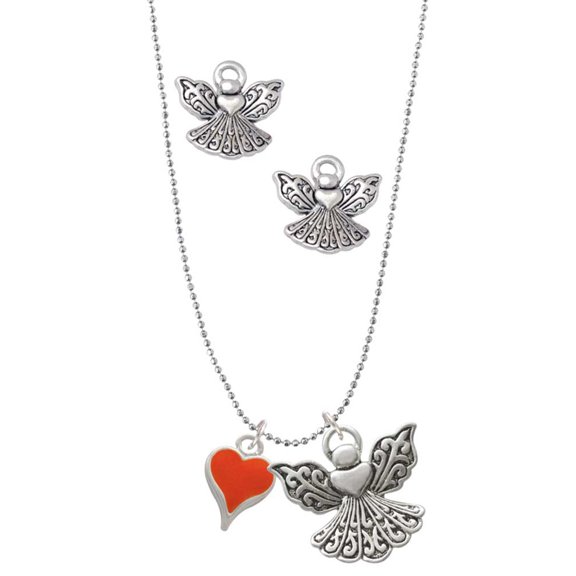 Delight Jewelry Silvertone Small Long Orange Heart Silver tone Guardian Angel Charm Necklace and Stud Earrings