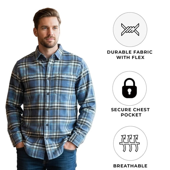 Ridgecut Men's Blue Plaid Shirt Flannel Chest Zip Pocket Long Sleeve