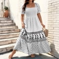 thumbnail image 4 of LWavelet Women's Plus Size Boho Maxi Dress Puff Sleeve Square Neck Smocked Geometric Print Dress White L, 4 of 7