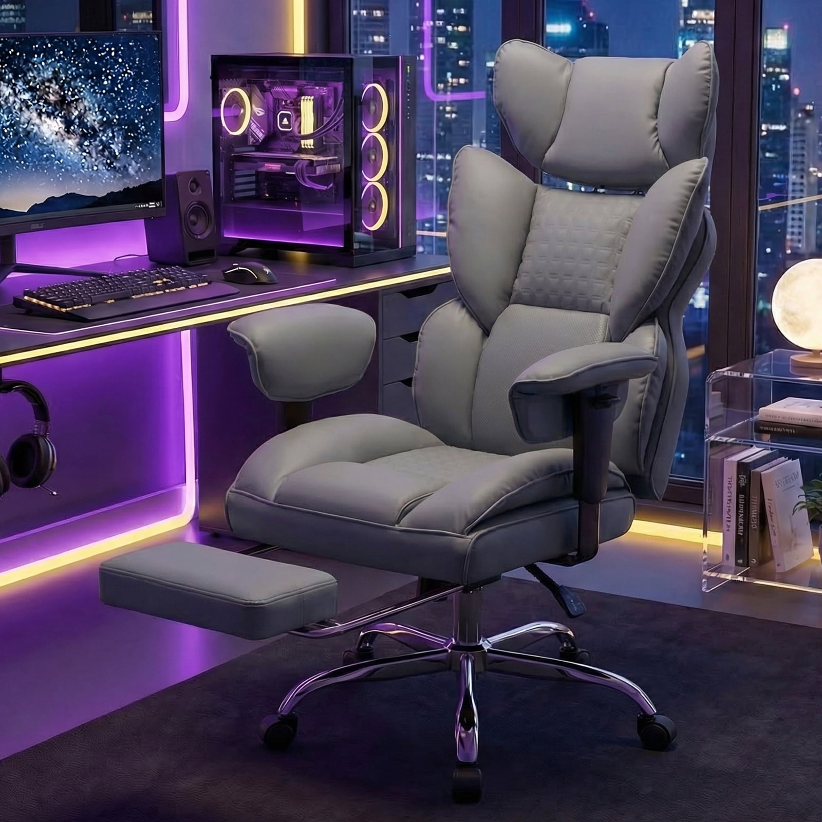 CONCETTA Ergonomic Office Chair 400LBS for Big & Tall, Heavy Duty Desk Chair with Reclining Back, Footrest, Luxurious PU Leather, Gray