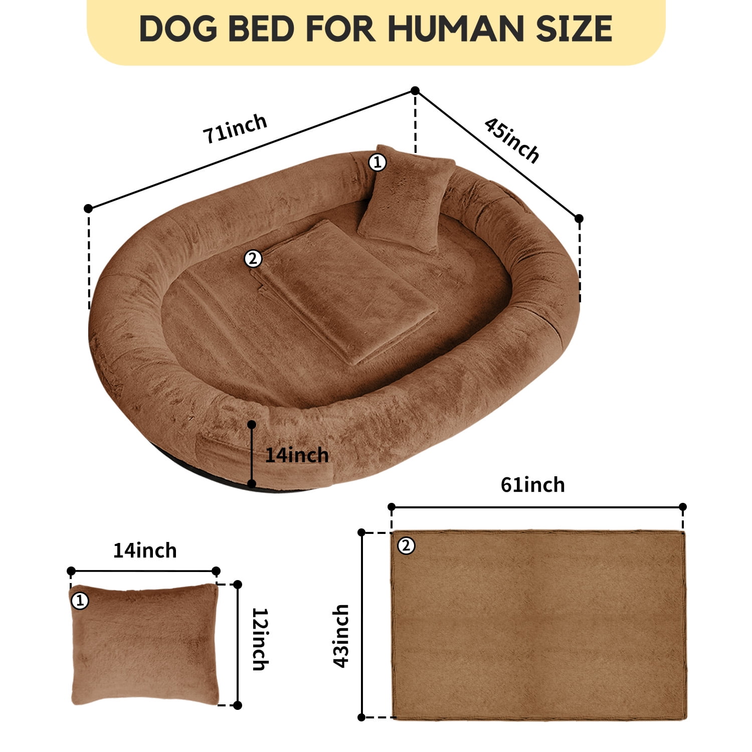 Human Dog Bed for Pets and Adults, 71"x45"x14", Washable Faux Fur Cover with Blanket and Pillow, Extra Large Human Size Beanbag Bed,Dark Brown