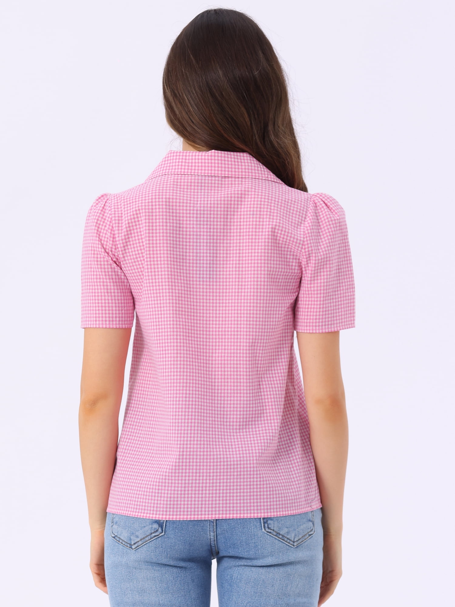 DARING DIVA Women's Plaid Puff Sleeves Gingham Blouse Shirt M Pink White