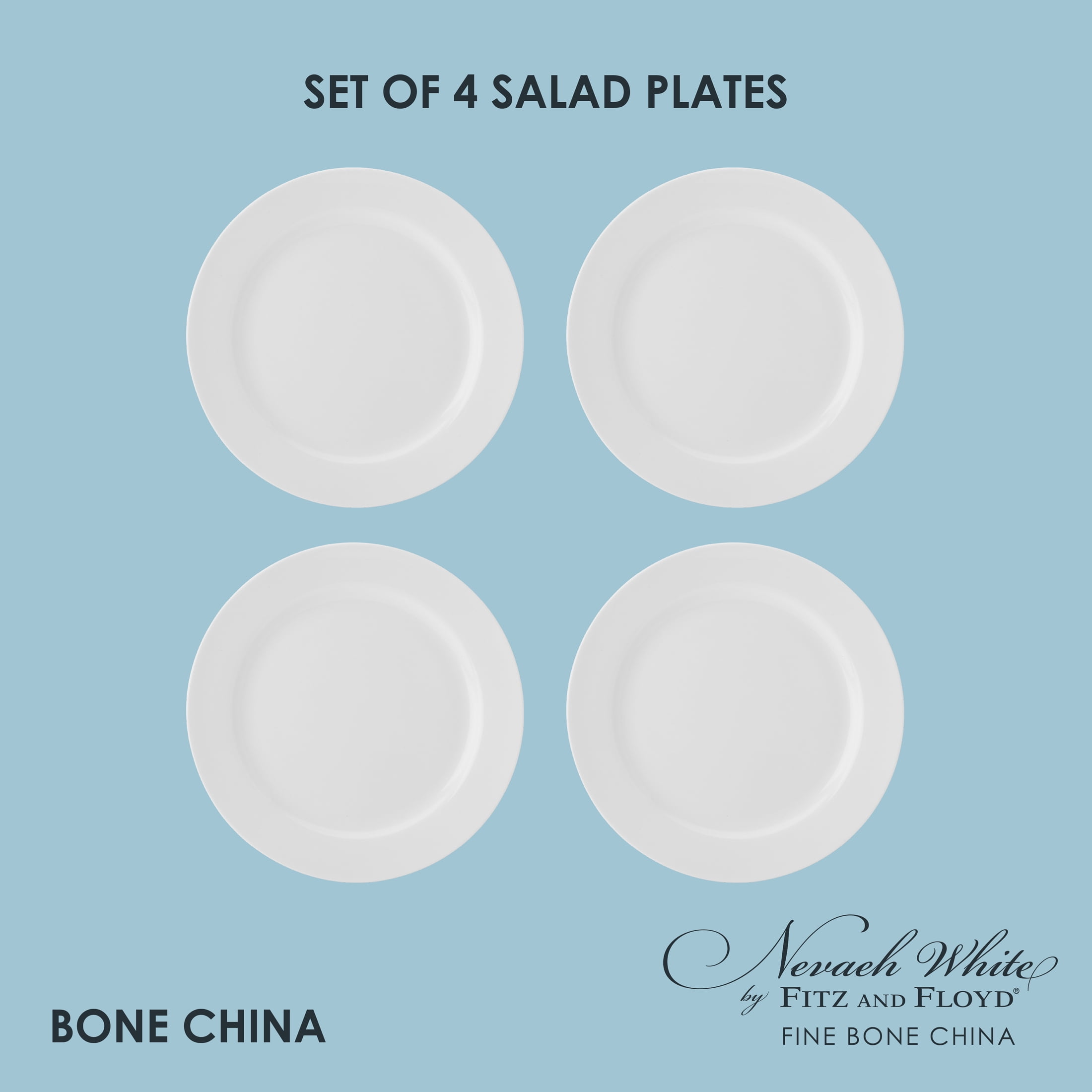Fitz and Floyd Nevaeh White Classic Rim 8" Round Bone China Salad Plates (4 Count)