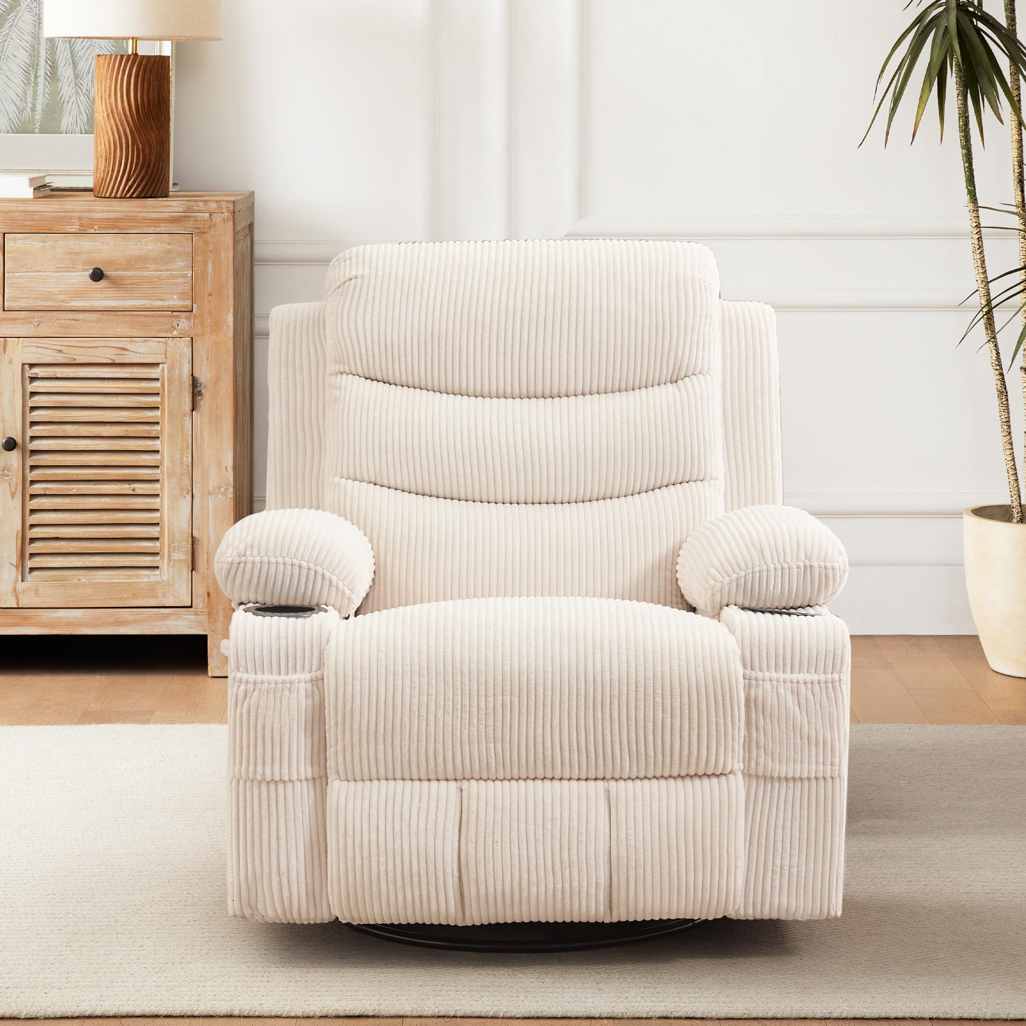 Recliner Chair Nursery, Oversized Manual Reclining Rocking Chair, 360 Swivel Glider with Cup Holder, Massage and Heat Recliner, Indoor Small Single Sofa Chairs for Adults RV Bedroom, Beige/Grey/Brown