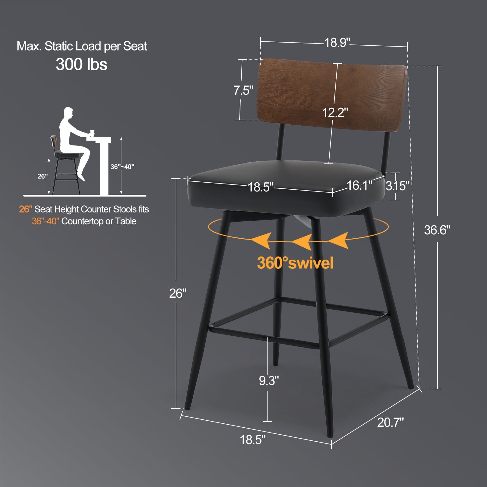 ANMINY Swivel Bar Stools Set of 3, 26" Seat Height, Upholstered Faux Leather Counter Barstools with Wood Backs and Metal Legs, Counter Height Bar Stool for Kitchen Island