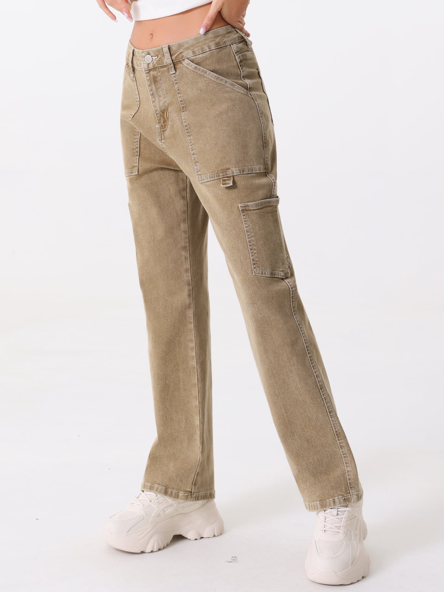 DARING DIVA Women's High Waist Baggy Y2K Street Cargo Pants with Pockets XL Camel