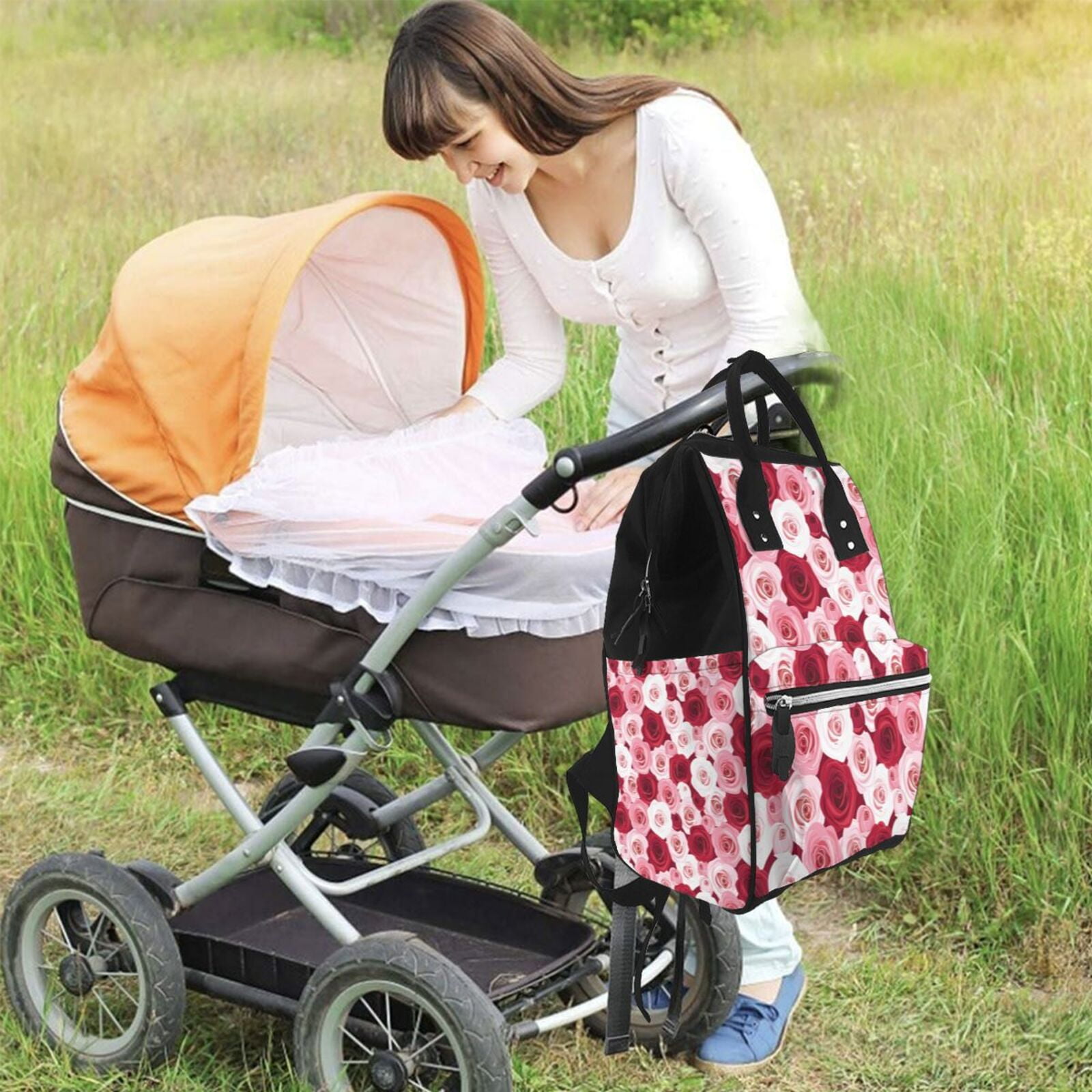 Ratiio Rose Mummy Backpack - Waterproof Twill Canvas, Large Capacity Diaper Bag with Multiple Pockets and Adjustable Straps
