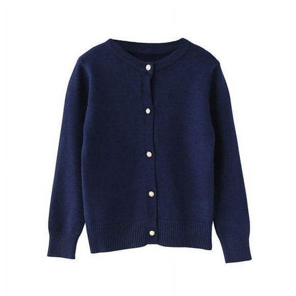 SMILINg PINKER Little girls crewneck cardigans Button Knitted Uniform Sweaters Solid Long Sleeves(6-7 Years,Navy Blue)