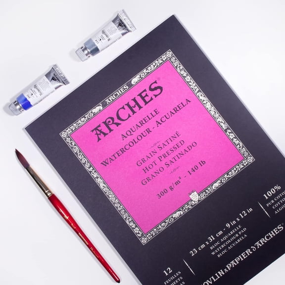 ARCHES® Aquarelle Watercolor Paper Pad, Hot Press, Natural White, 140 lb (300 gsm), Glue Binding, 12 Sheet, 9x12 in, 1 Count