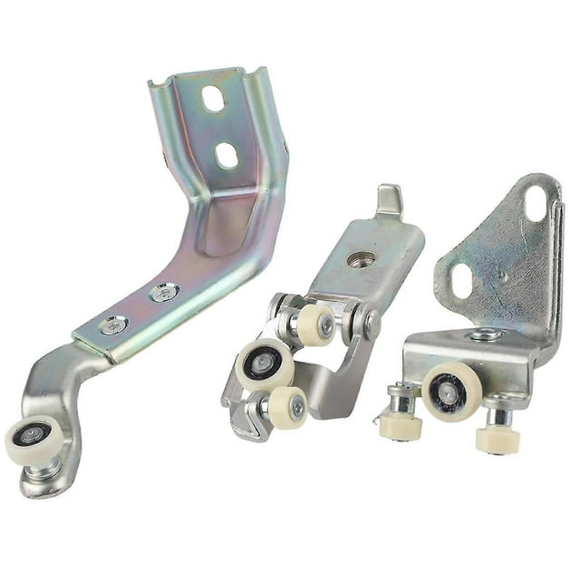 juego de guías de rodillos para puerta corrediza mercedes sprinter 1995-2006 — conjunto de tres rodillos metálicos multicolor con placas de montaje y ruedas de nailon blancas, montaje lado derecho, vista frontal sobre fondo blanco; compatible con OEM 9017600128/9017601047/9017601347, reemplazo directo; a menudo usado también como repuesto de taller para restauraciones de puertas corredizas.
