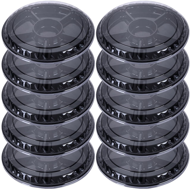 bandeja para servir dividida con tapa, bandejas de plástico para frutas, para buffet de fiesta, 10 uds. Diez bandejas redondas apiladas con tapa transparente acanalada y base negra dividida en seis compartimentos con divisor central; diámetro 31.5 cm, altura 5 cm, diseño apilable y portátil, ideales para servir frutas, ensaladas, quesos y bocadillos en fiestas; también suelen usarse para transportar porciones individuales en catering.