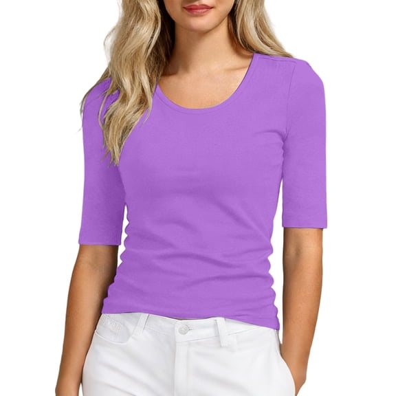 WFSCRD Women'S Half Sleeve Crew Neck T Shirts Mid Elbow Length Sleeve Shirts Slim Fit Tunic Tops Casual Summer Tees Purple XL