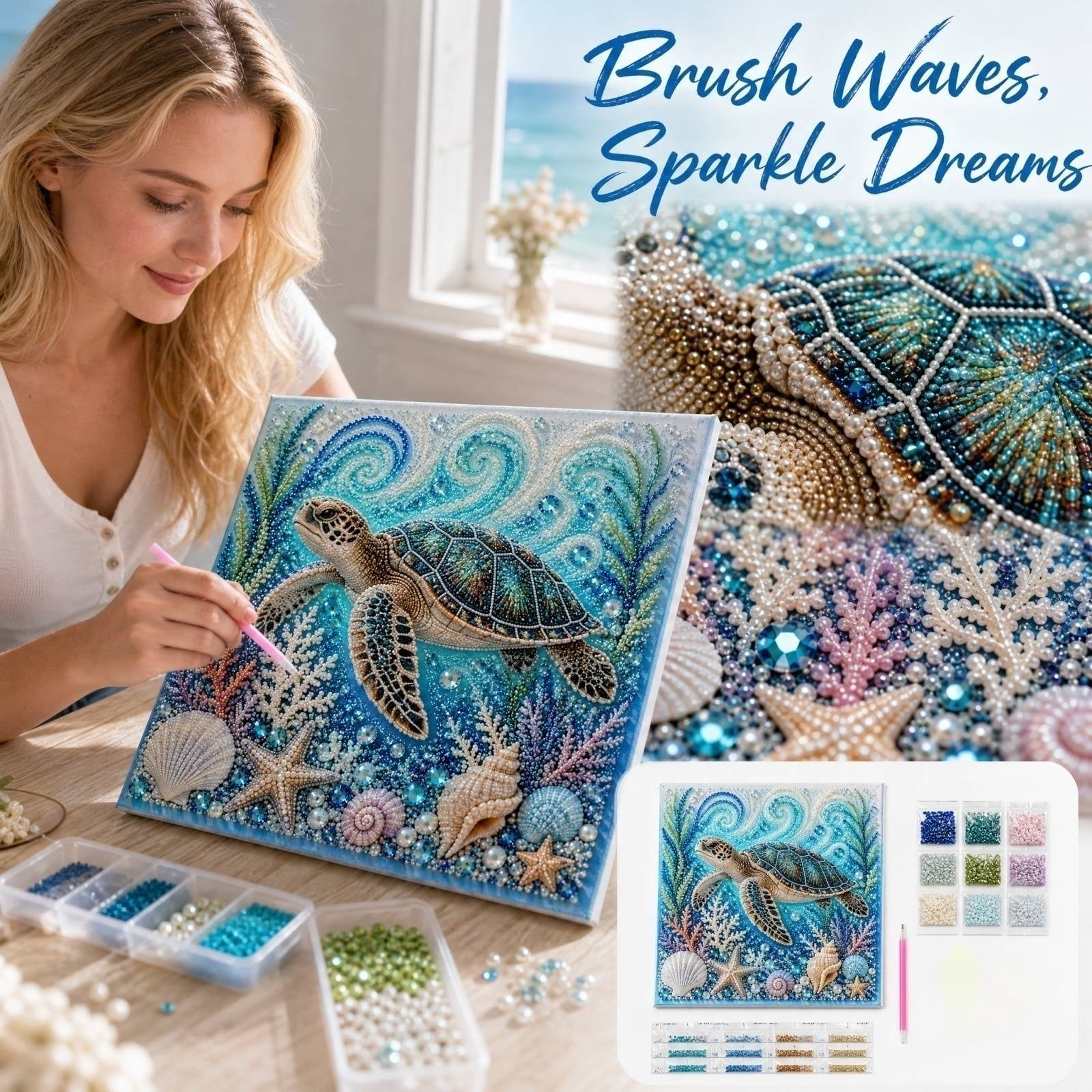 MInHoues Ocean Manta Ray DIY 3D Bead Diamond Painting Kit Coastal Pearl Gem Art Craft Set with Raised Crystal Beads Ocean Scene Diamond Art for Home Wall Decor & Handmade Hobby Activity-E