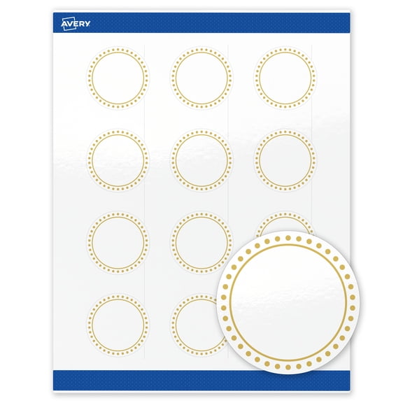 Avery Labels, 2" Diameter, Glossy White, Gold Border w/ Gold Dots, 120ct