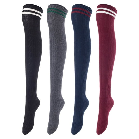 Lian LifeStyle Women's 4 Pairs Adorable, and Ultra-Soft Thigh High Cotton Socks Size 6-9 LW1023 Black,DarkGrey,Navy,Wine4c4
