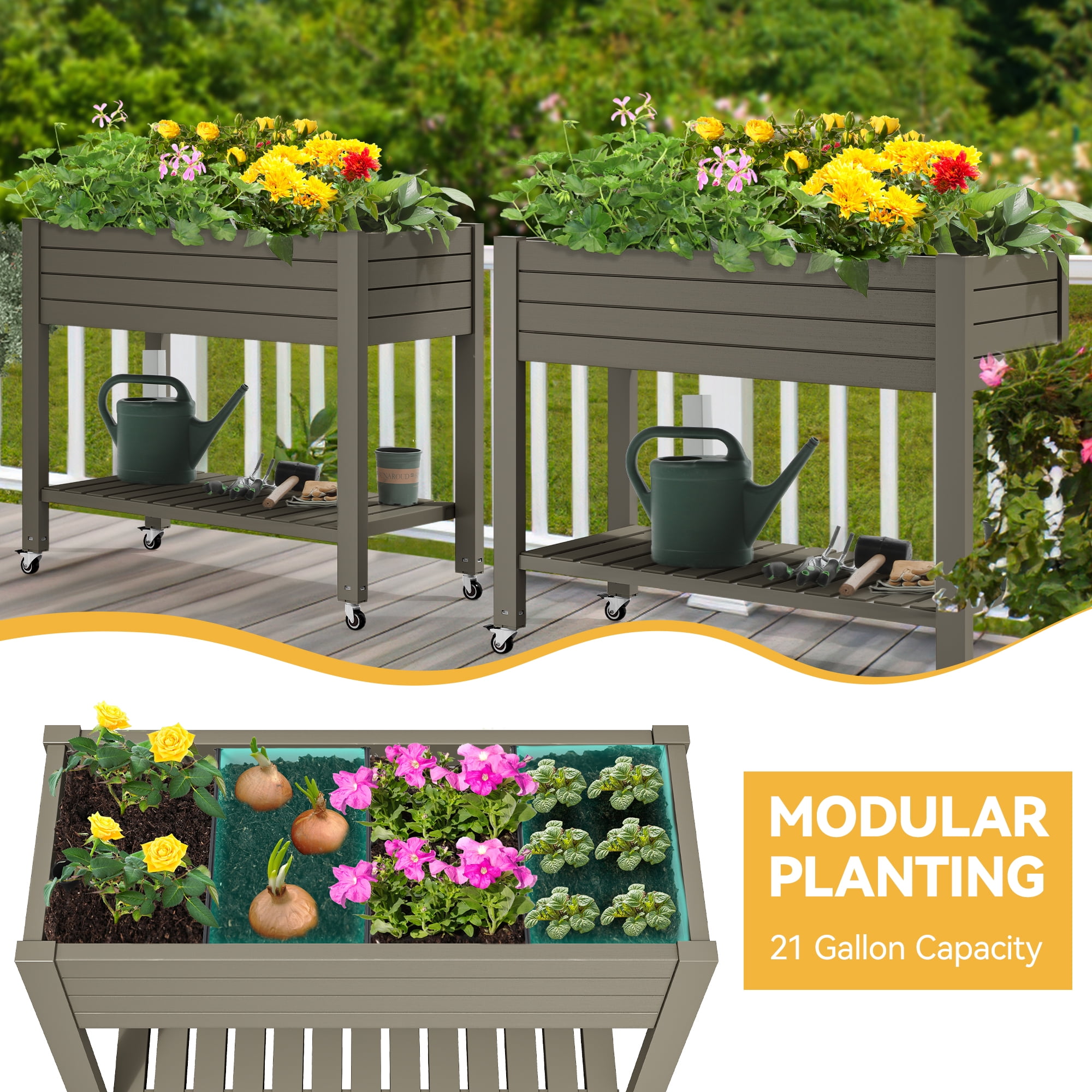 Uforic Large Resin Patio Planter Box,Outdoor Raised Garden Bed Kit with  Drain Plug& Storage Shelf and Lockable Wheels,3.6x1.5x2.8 FT,Black
