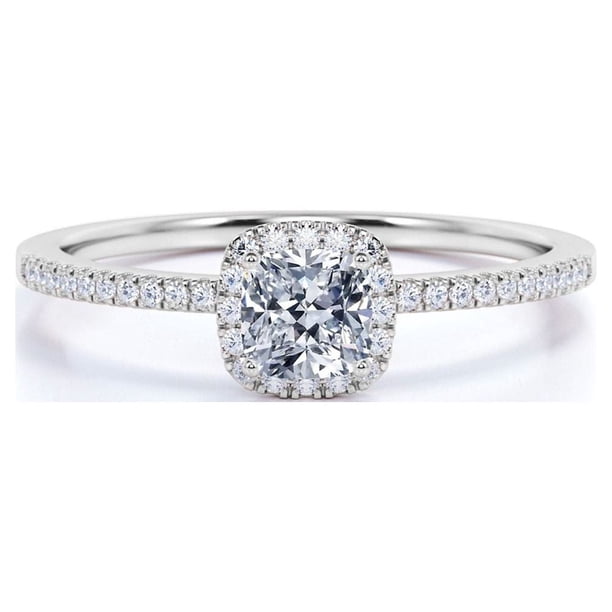 JeenMata Anillo de Compromiso con Halo de Diamantes Reales de Talla Cojín de 0,50 Quilates en Oro Blanco de 10 K