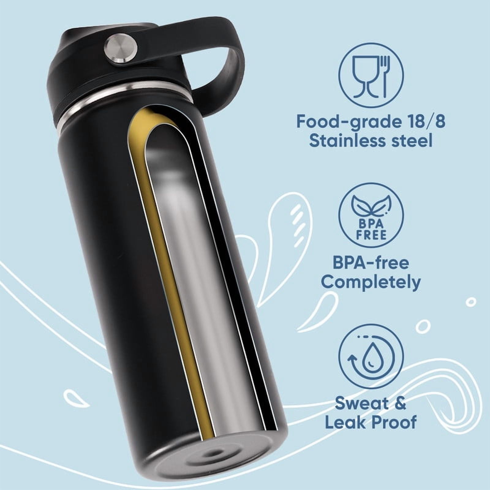 Daluvenix Stainless Steel Water Bottle with Straw Lid, 24oz Vacuum Insulated Water Bottles for Sports, Travel, Black (2 Pack)