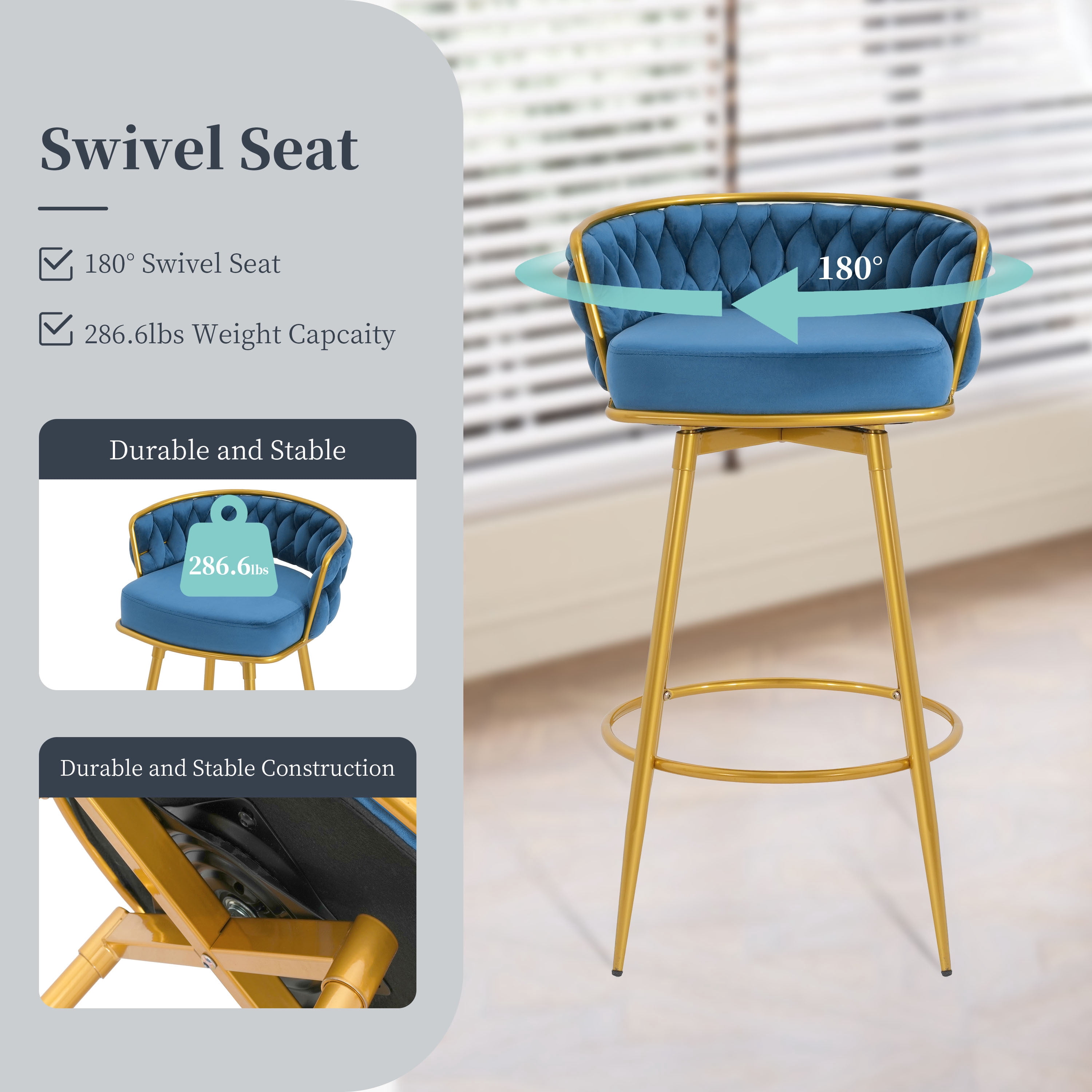 EUROCO Swivel Counter Height Bar Stools Set of 2, 31.5" Upholstered Bar Chairs with Hand-Woven Backrest & Gold Metal Legs,Tall Armless Kitchen Chairs for Island,Blue