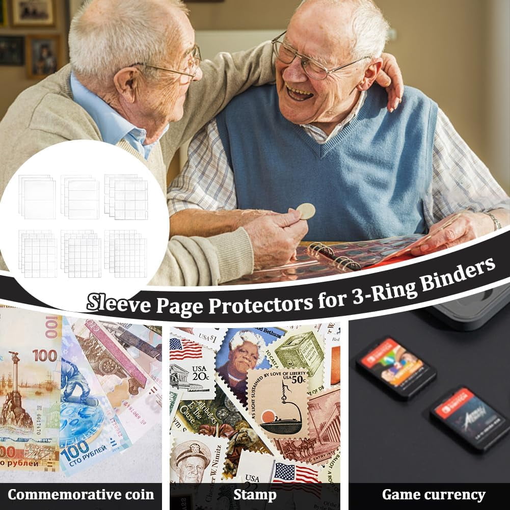 18 Sheet 6 Size Coin Stamp Collection Pages Plastic Coin Holders Sheet Money Pocket Inserts Collecting Sleeves Stamp Binder Sheets Money Page for Coin Album Stamp Storage Holder