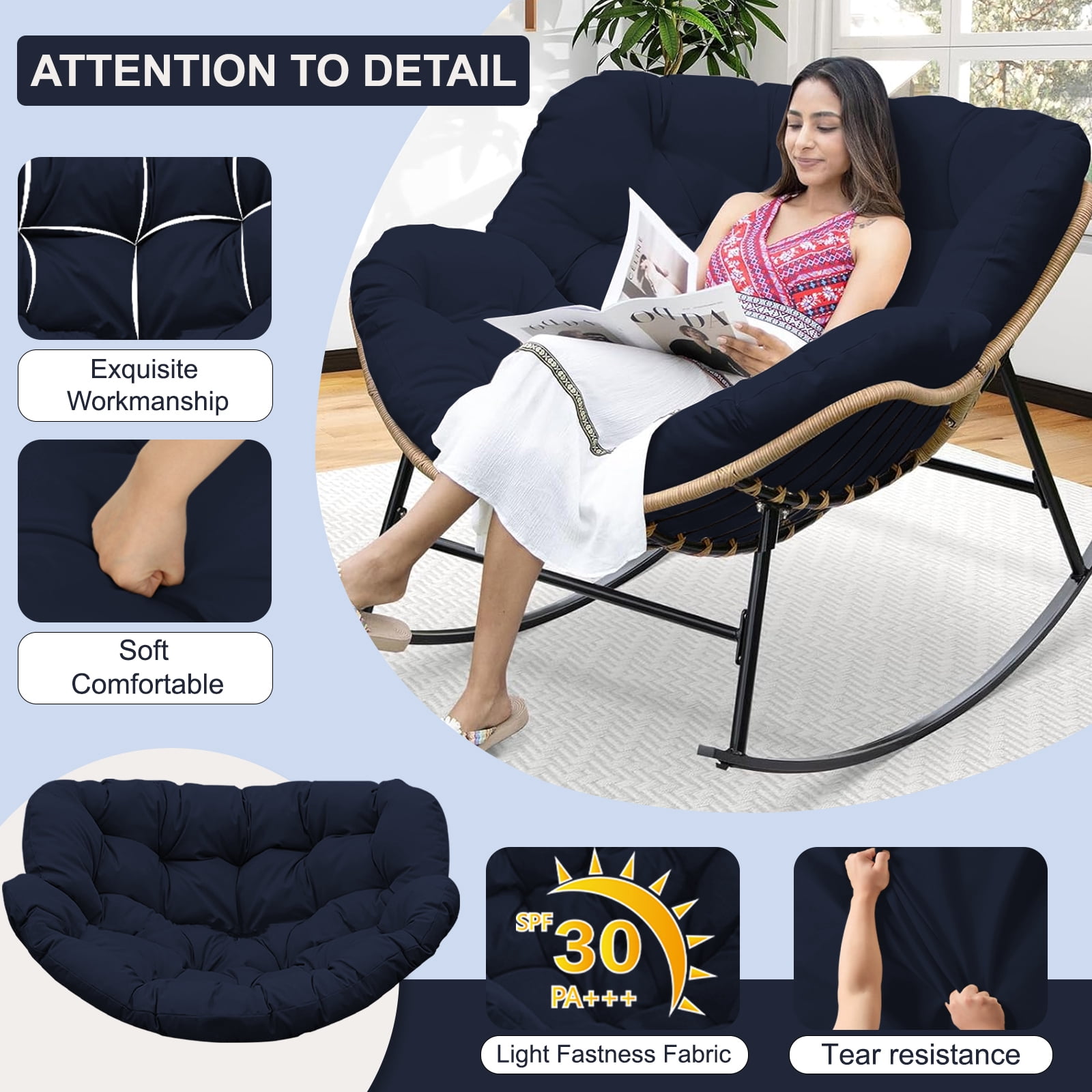XXLYY Outdoor Rocking Chair Cushions – 6.3" Thick Waterproof Papasan Egg Chair Pad with Ties, Comfortable Round Seat Cushion for Living Room, Patio, Porch, or Balcony