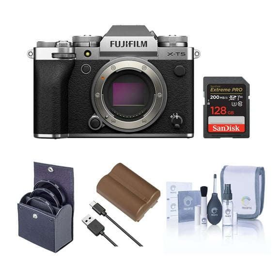 Fujifilm X-T5 Mirrorless Camera, Silver with XF 16-50mm f/2.8-4.8 R LM WR Lens, Bundle with 128GB Memory Card, NP-W235 Battery, Filter Kit, Cleaning Kit