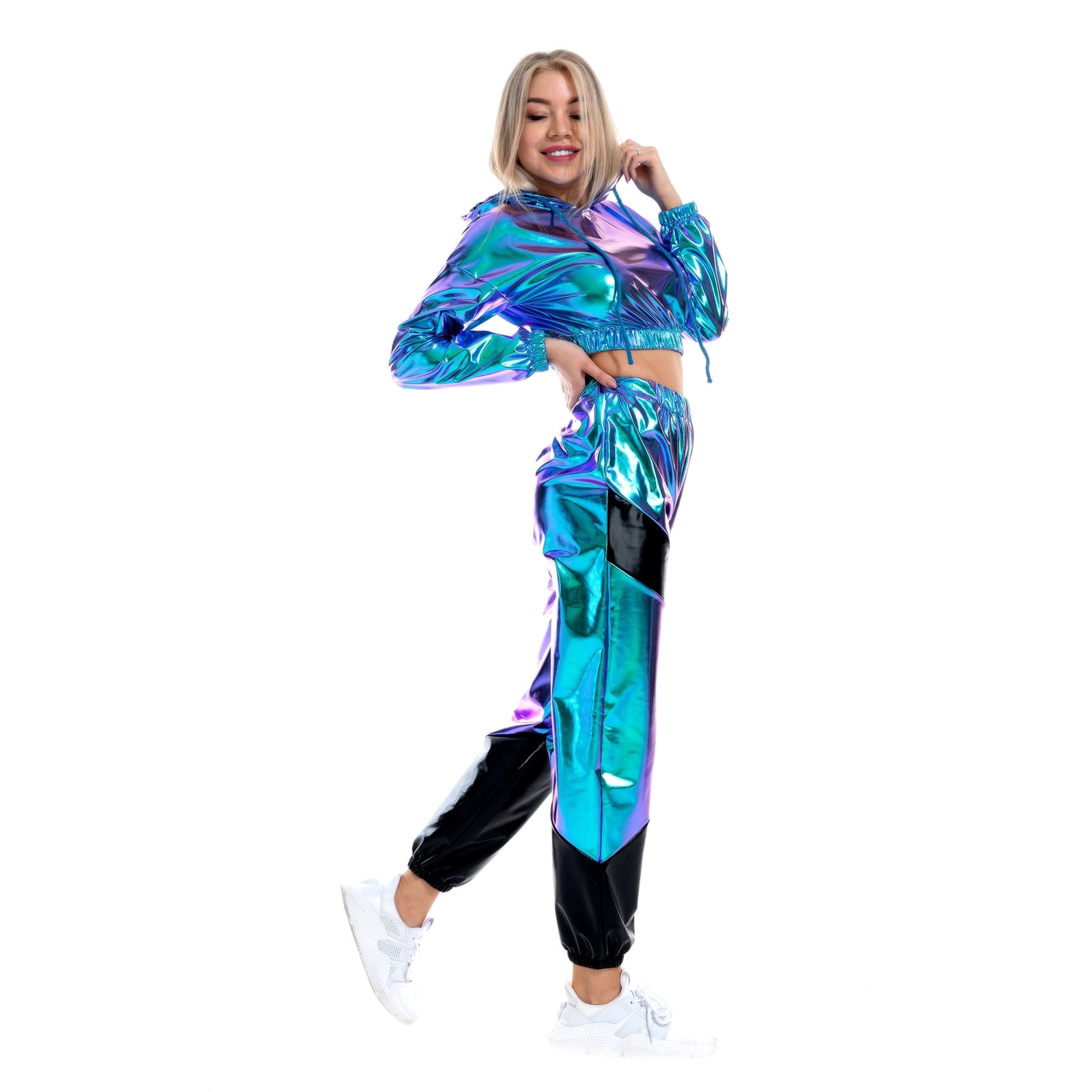 IBTOM CASTLE Women's Rave Outfit Shiny Crop Top Hoodie Casual Long Pants Hooded Workout Sweatshirt Dance Clubwear XL Holographic Blue