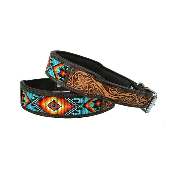 Affilare Beaded Leather Dog Collar  Western Style, Heavy-Duty, Adjustable, and Padded for All Ages  Premium Tooled Leather SKU 10AB004-XS