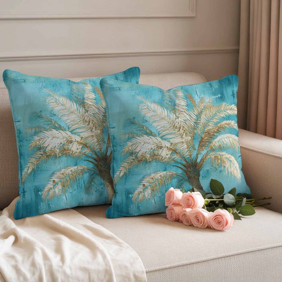 Outdoor Pillow Cover 18x18inch Set of 2, Blue Teal Coastal Palm Tree Waterproof Decorative Throw Pillow Cover for Couch Sofa, Tropical Summer Leaves Pillowcase Cushion Cases for Patio Garden Bed Car