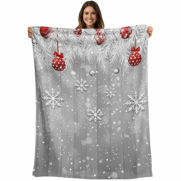 Grey Snowy Christmas Throw Blankets, Red Christmas Balls Winter Soft Fleece Blanket Decorative for Home Sofa Couch Chair Living Bedroom, 30x40 Inches,