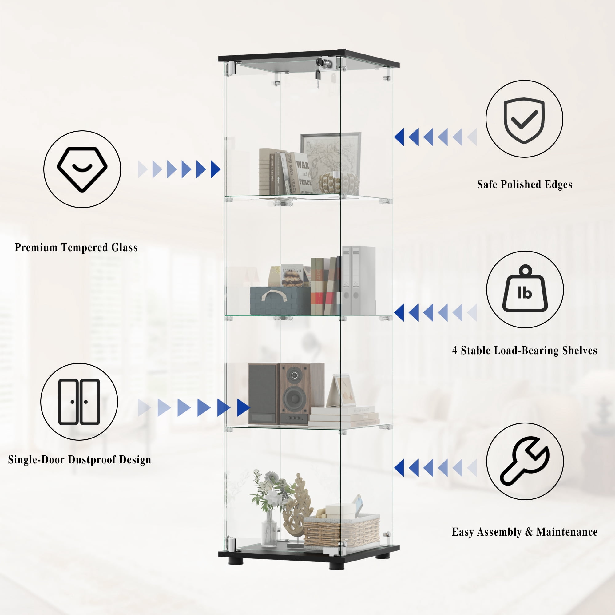 BEAUTYPEAK 64" Display Cabinet with Glass Doors,4-Tier Single-Door Curio Cases with Black Panels
