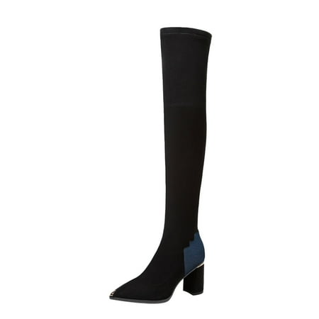 

SEMIMAY Women s Thick The High With Solid Pointed Boots Over Casual Toe Color Boots Knee Heeled women s boots Black