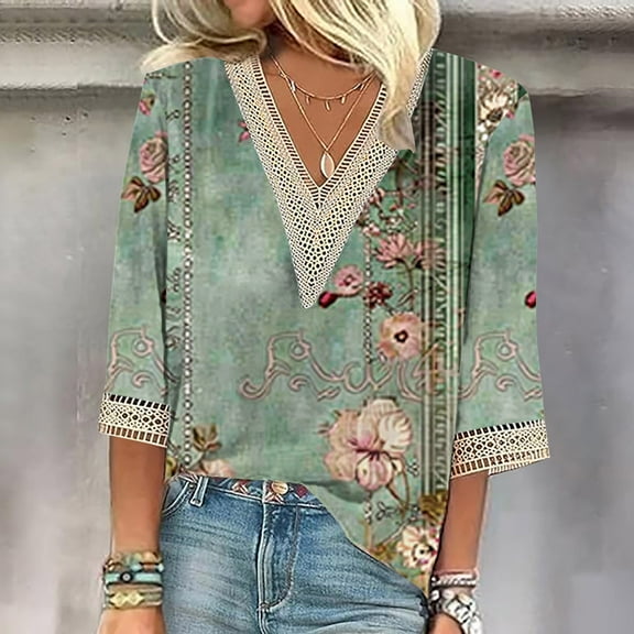 Teissuly Fashion Women's Summer V-Neck 3/4 Sleeve Lace Print Casual T-shirt Blouse