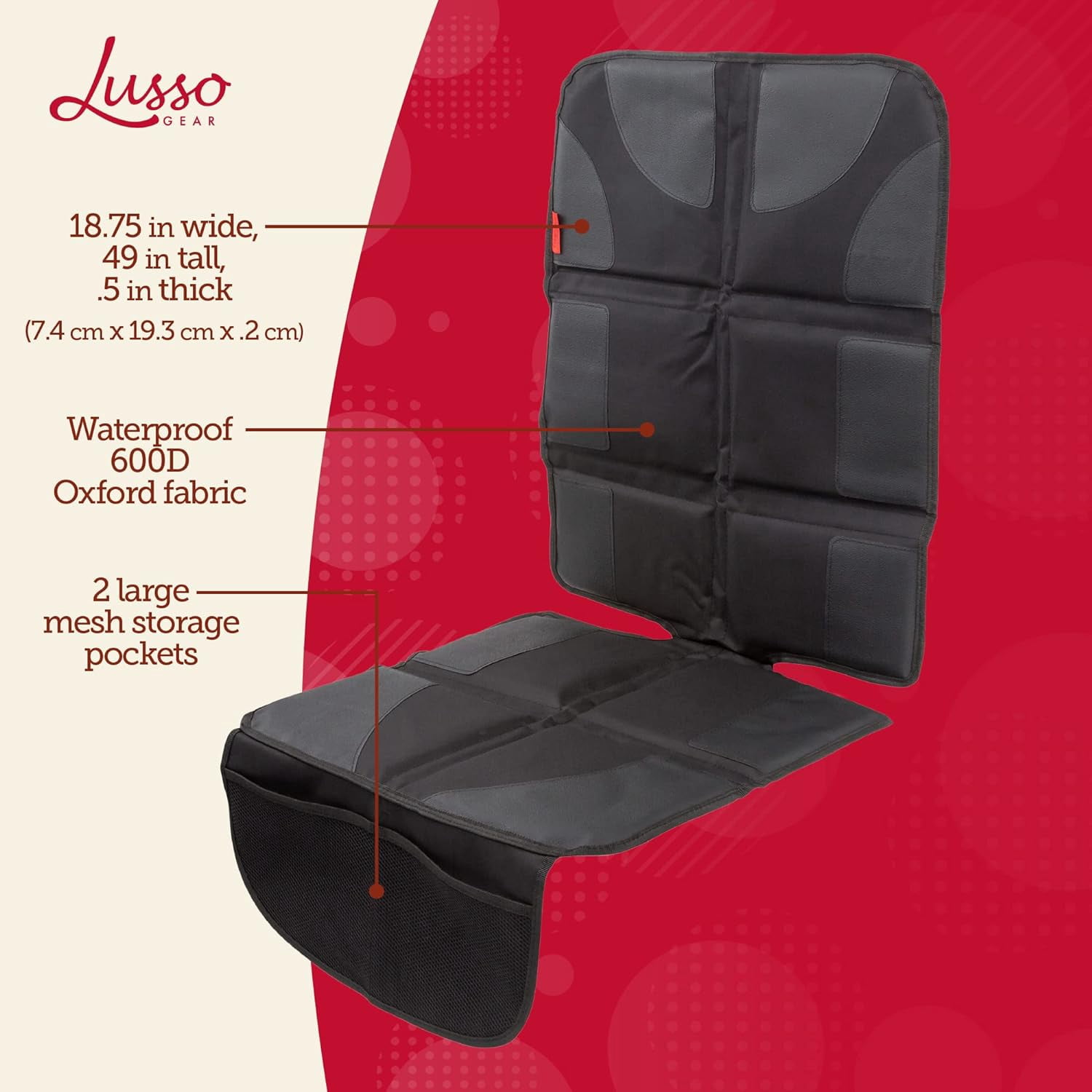 Lusso Gear | Car Seat Protector | Thick Padding, Durable, Waterproof PVC Leather | X-Large, Black with Red Stitching