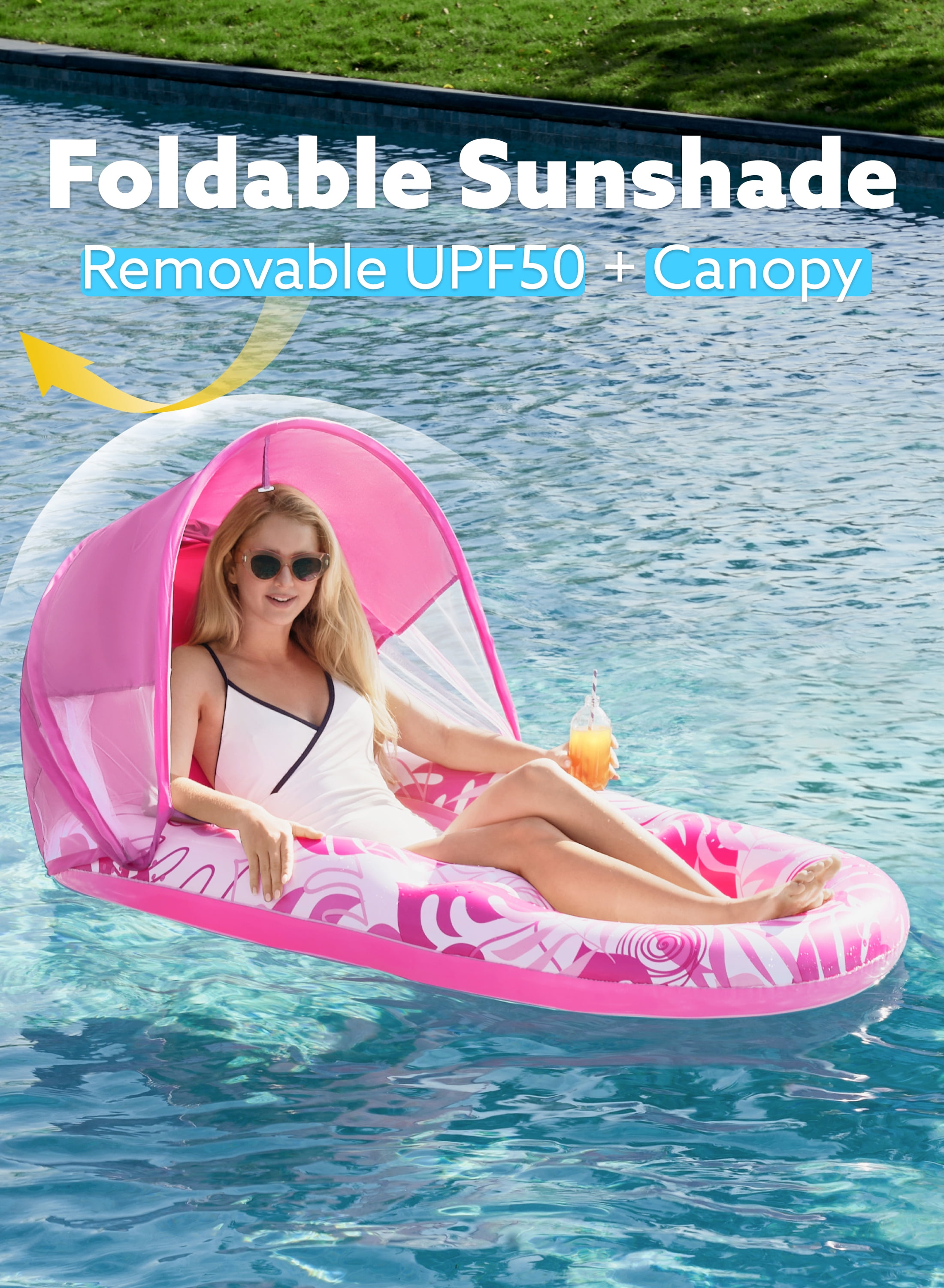 Joyfy Pool Lounge Float with Canopy for Adult, Inflatable Pool Floats Lounger Raft Floaties Water Floating Recliner Chair with Cup Holders Foot Rest Swimming Pool Floaty