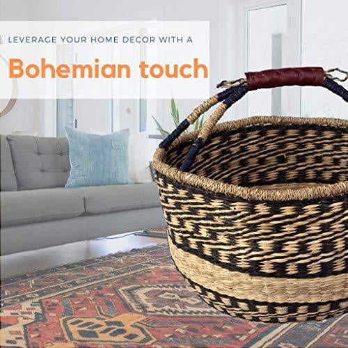 D40xH22 cm Large Seagrass Wicker Bolga Basket Woven Picnic Basket Straw Market Baskets with Handles Circle Willow Easter Basket Tote Storage Basket for Fruits Black-Natural Toys Crafts Gifts 