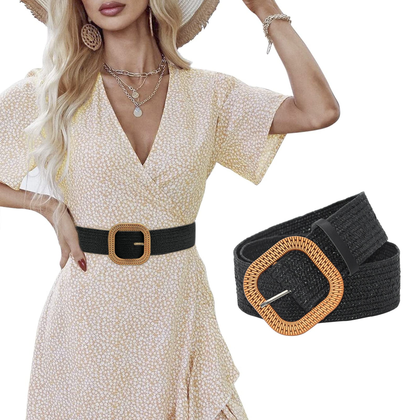 Woven Natural Straw Wide Waist Belt with Black Buckle 9d2e1f18-4b4a-4a9f-9403-  main image 3