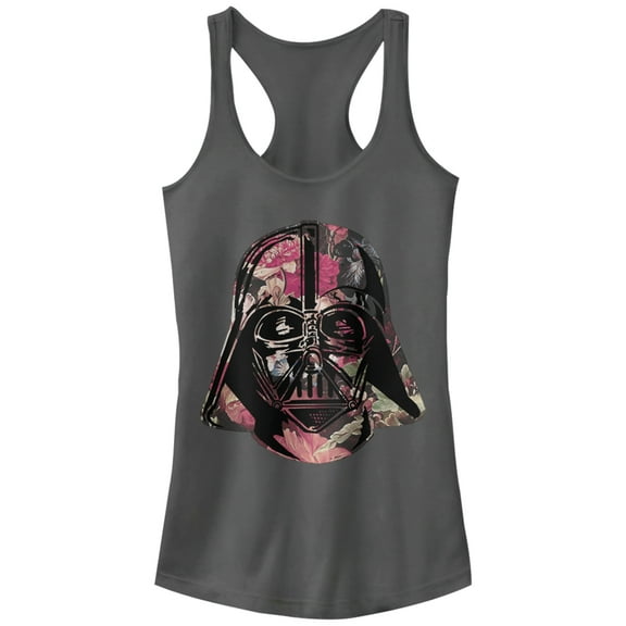 Junior's Star Wars Floral Print Vader  Racerback Tank Top Charcoal Medium