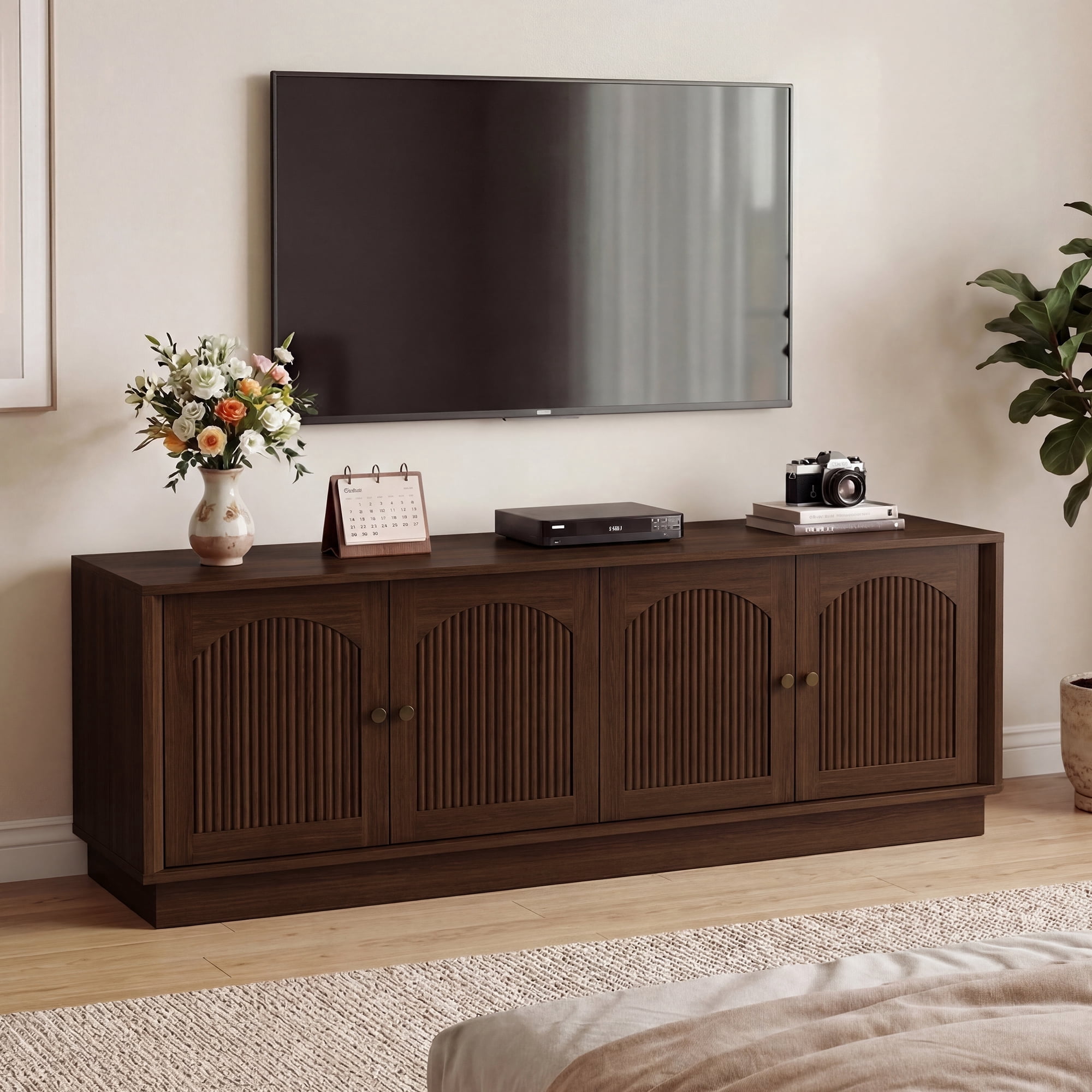 Haverchair TV Stand for 75 Inch TV, Mid Century Modern TV Stand with Arched Fluted Doors, Media Console Cabinet with Adjustable Shelves, 67" Entertainment Center with Storage for Living Room Bedroom