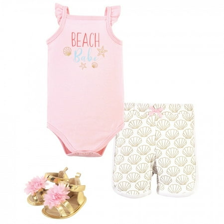

Little Treasure Baby Girl Cotton Bodysuit Pant and Shoe 3pc Set Beach Babe 6-9 Months