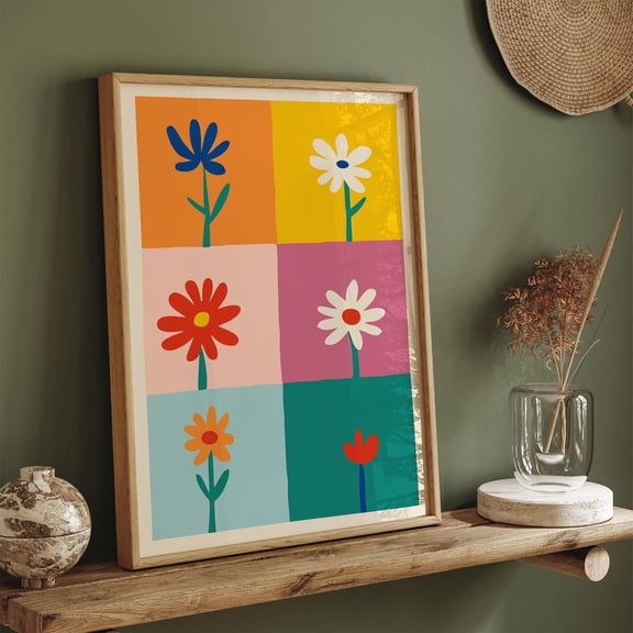 Retro Floral Print: Colorful 70S Minimalist Wall Art UNFRAMED Poster, Wall Art for Decor, Present, 8x12