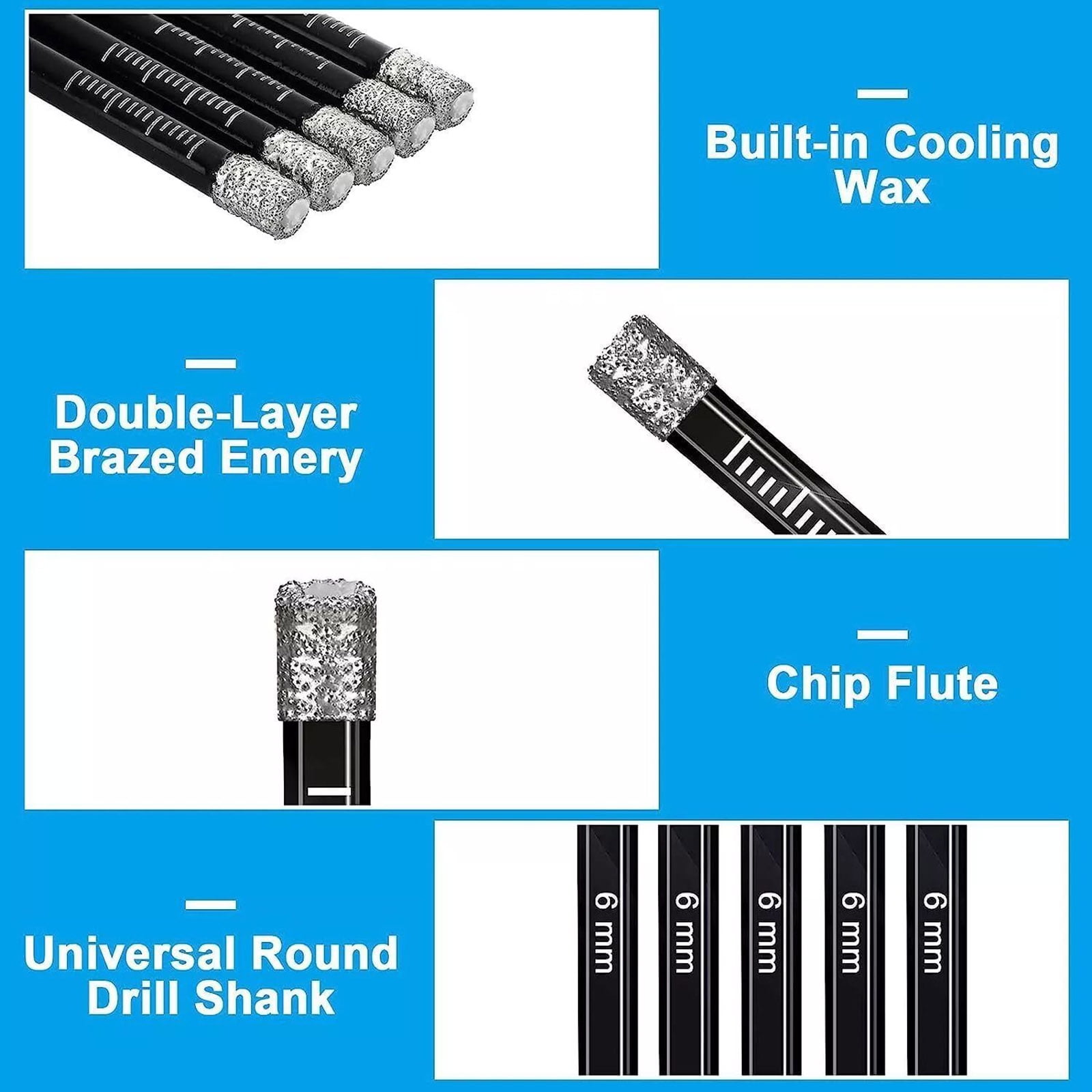 NATEFEMIN 1/4" Dry Diamond Drill Bit 6mm Quick Change Hex Dry Drill Bit for Granite Tile Glass Ceramics, 5PCS