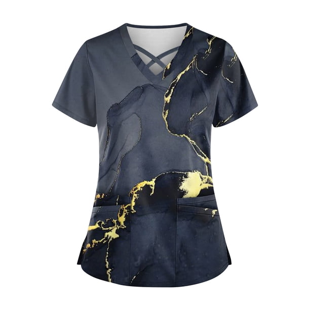 Fiudx Ofertas de La Semana Blusa de Manga Corta con Estampado de Moda para Mujer, Camiseta con Cuello En V, Tops Informales con Bolsillos
