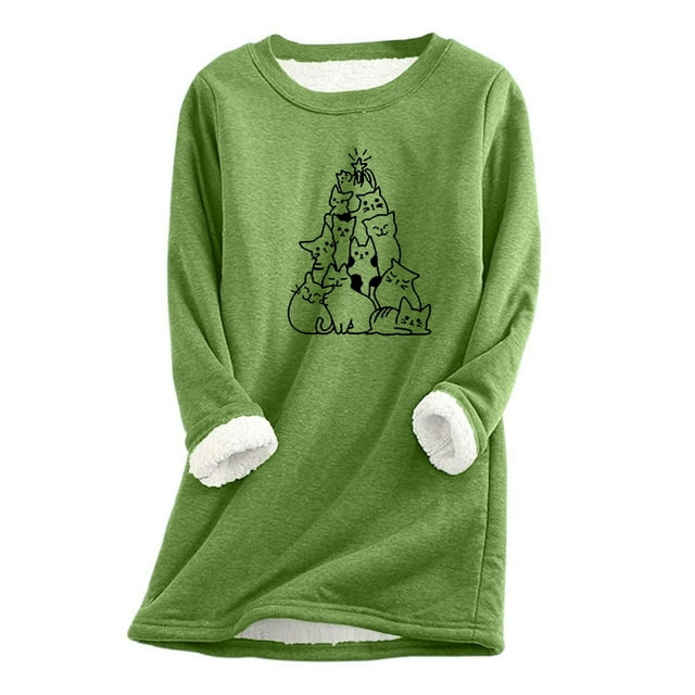 Ladies Christmas Tree Cats Print Long Sleeve Thermal Underwear Base Layer Top For Winter Warmth